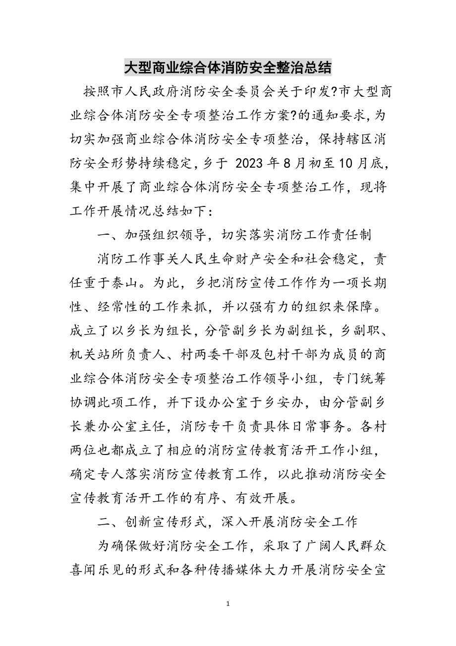 2023年大型商业综合体消防安全整治总结范文.doc_第1页