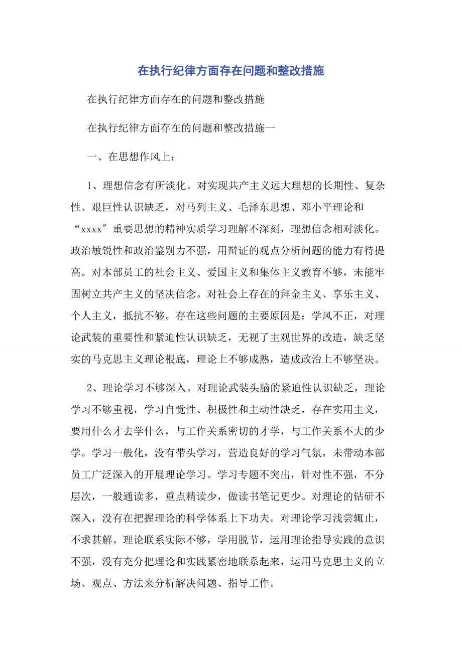 2023年在执行纪律方面存在问题和整改措施2.docx_第1页