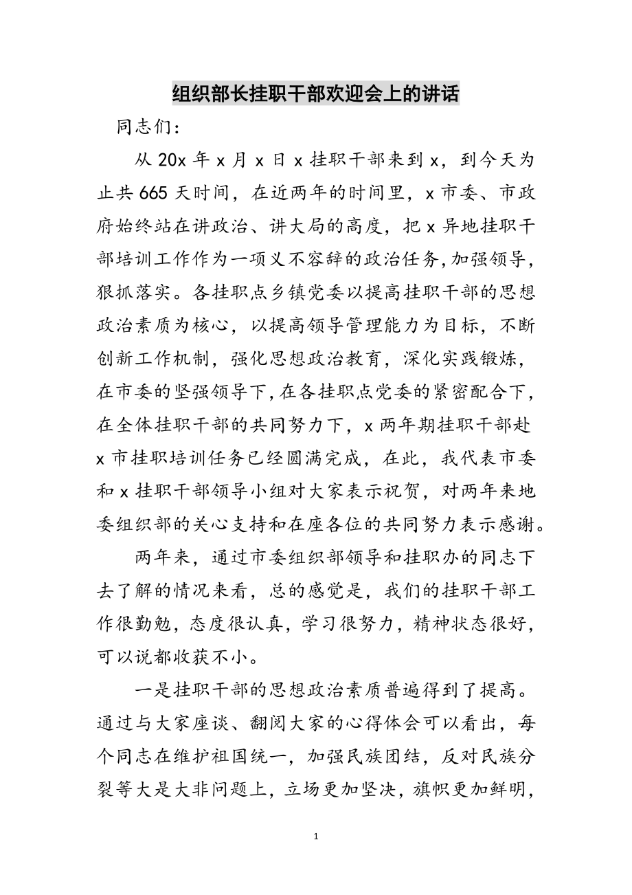 2023年组织部长挂职干部欢送会上的讲话范文.doc_第1页