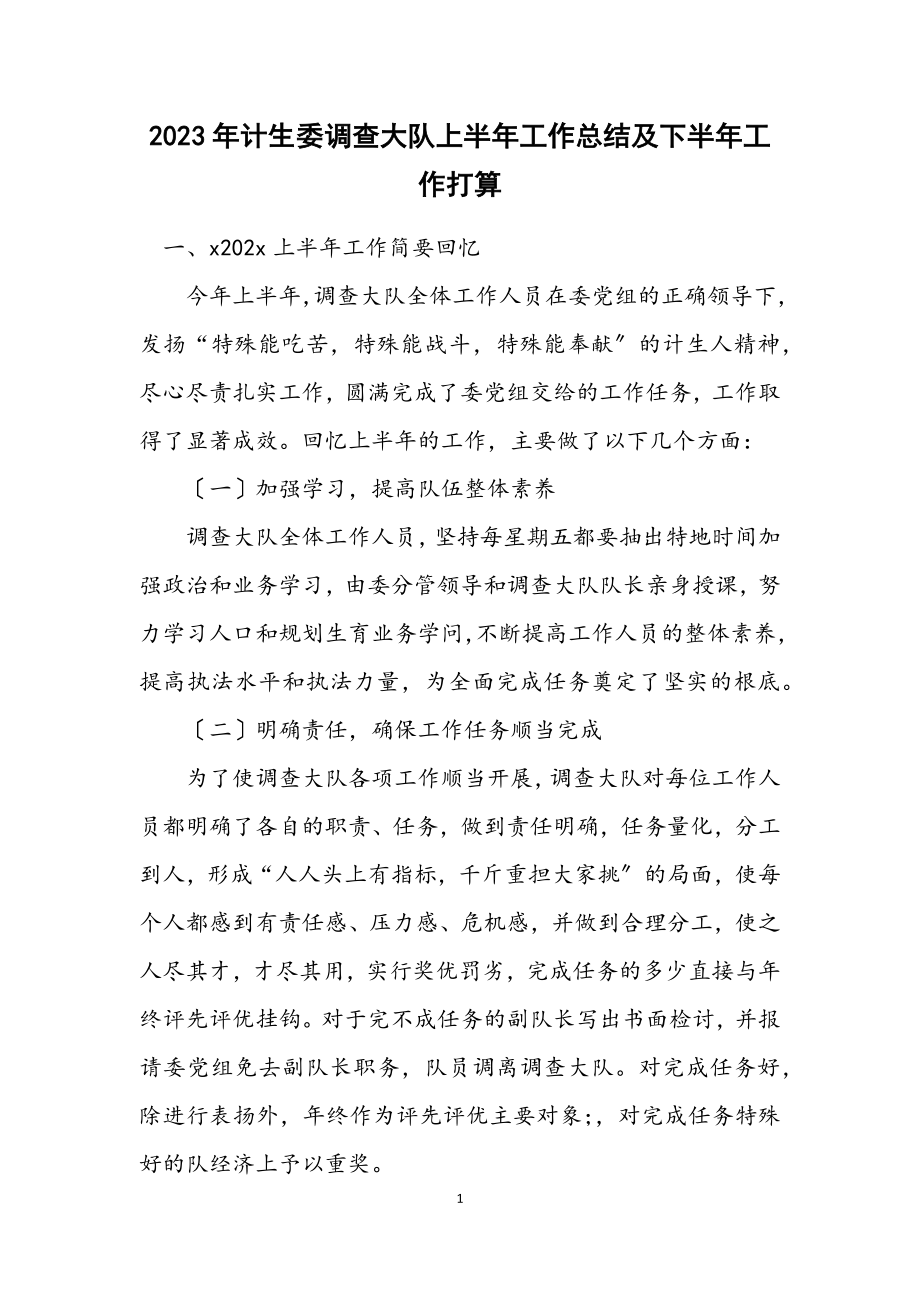 2023年计生委调查大队上半年工作总结及下半年工作打算.docx_第1页