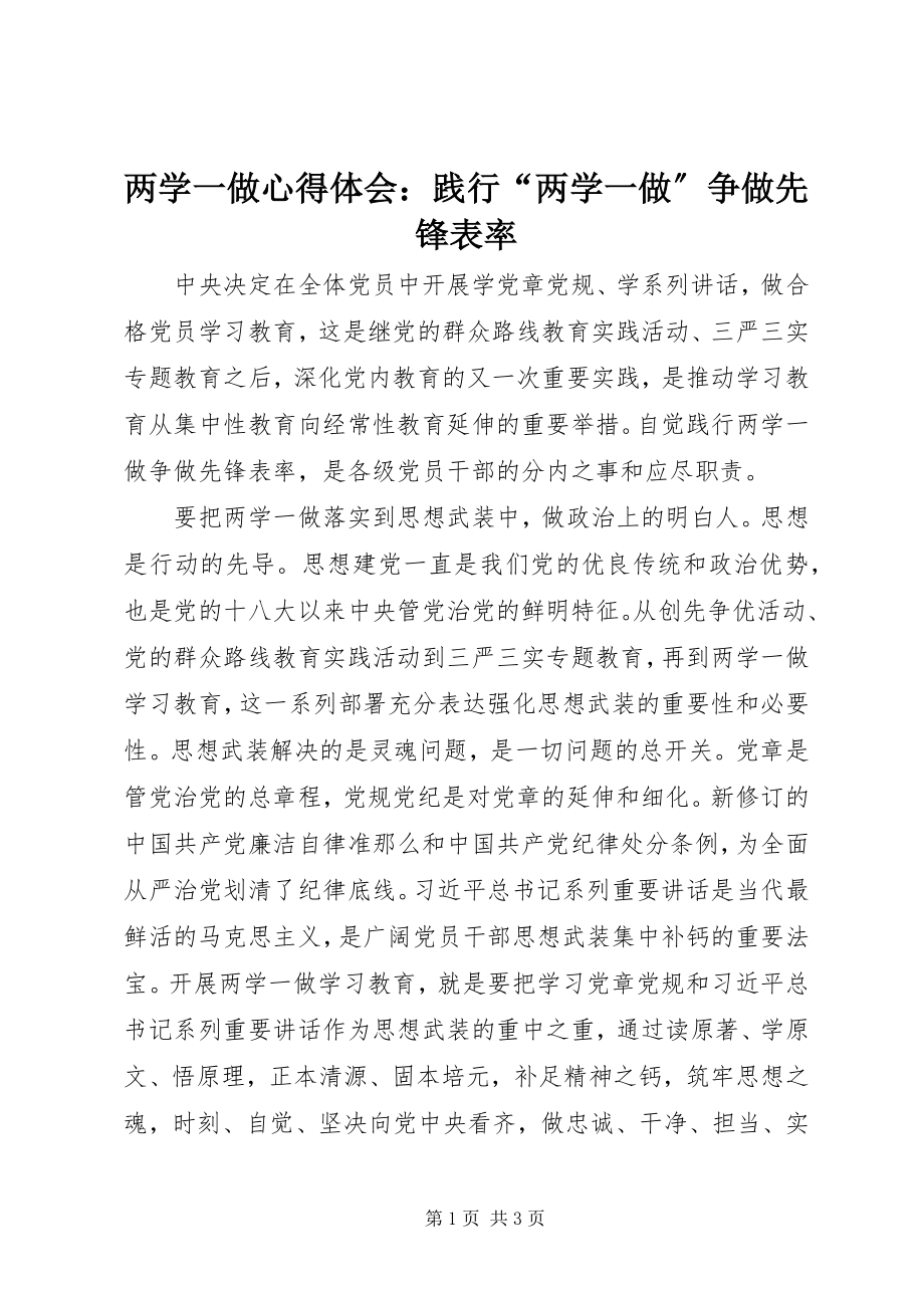 2023年两学一做心得体会践行“两学一做”争做先锋表率.docx_第1页