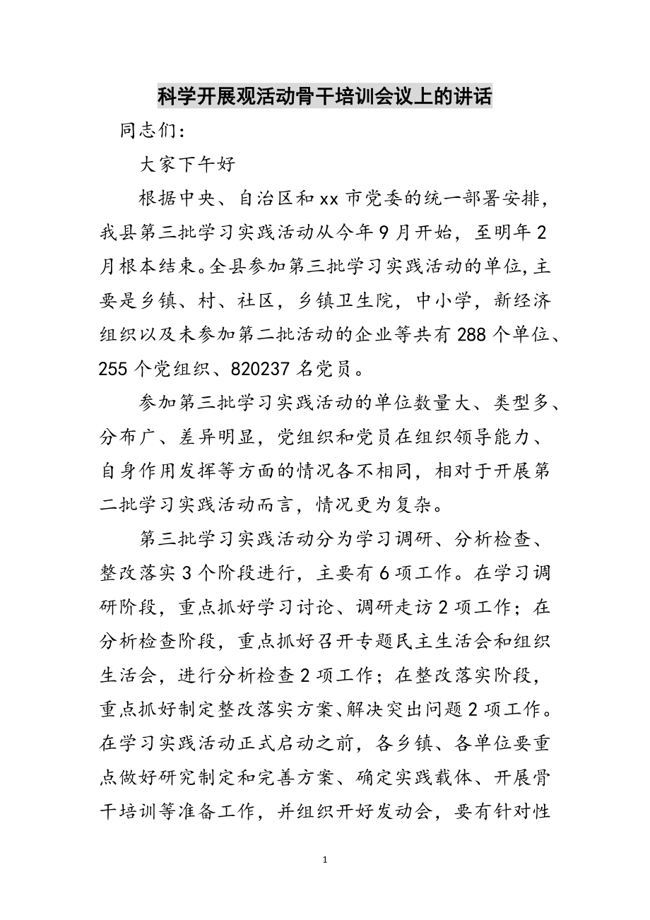 2023年科学发展观活动骨干培训会议上的讲话范文.doc_第1页