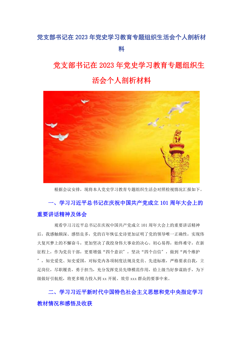 2023年党支部书记在党史学习教育组织生活会个人剖析材料.docx_第1页