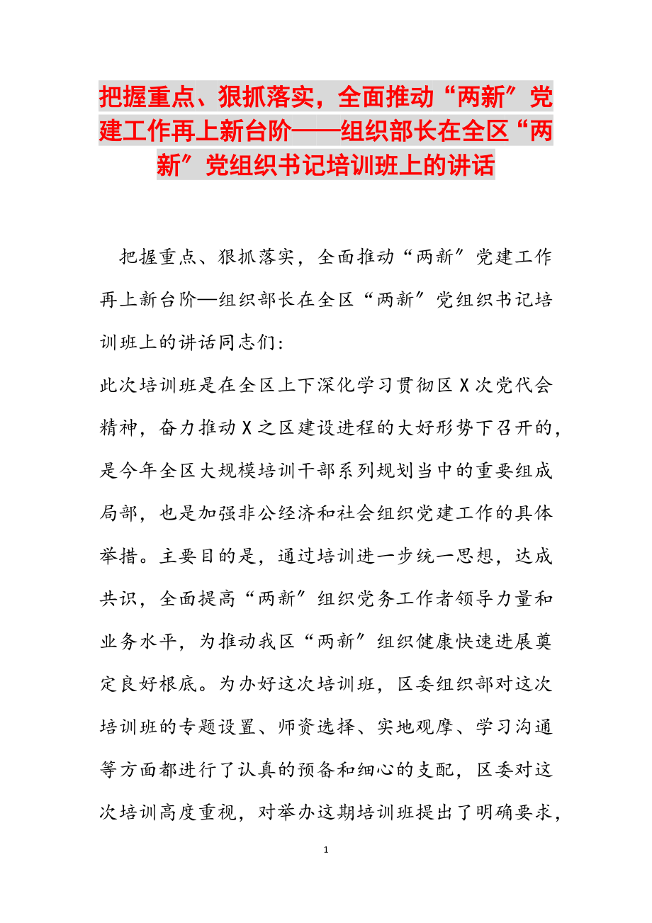 2023年把握重点、狠抓落实全面推进“两新”党建工作再上新台阶——组织部长在全区“两新”党组织书记培训班上的讲话.docx_第1页