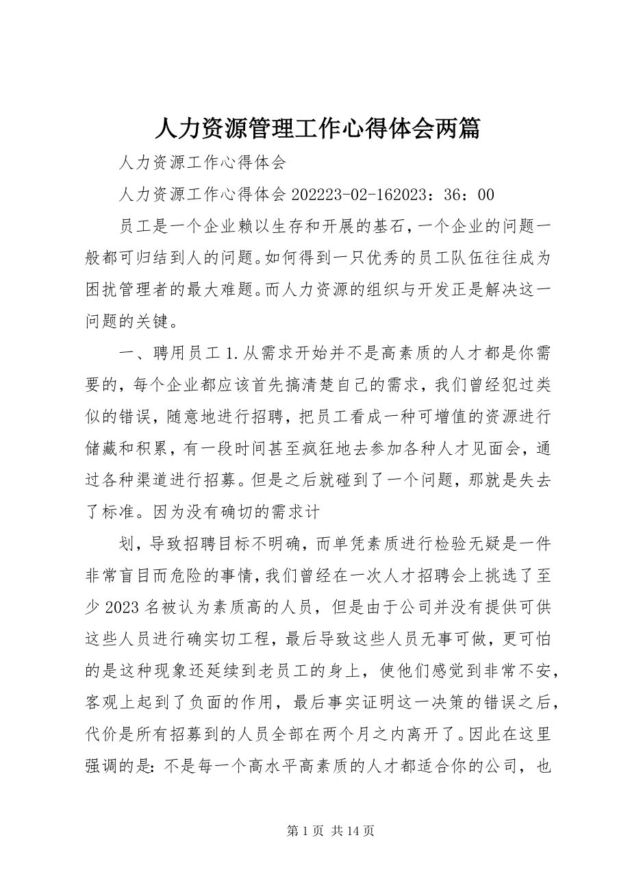 2023年人力资源管理工作心得体会两篇.docx_第1页