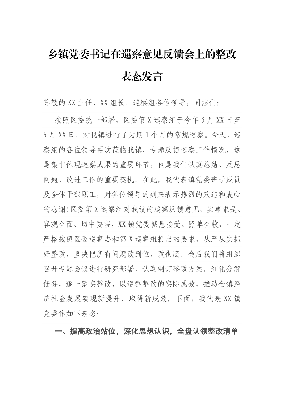 乡镇党委书记在巡察意见反馈会上的整改表态发言.docx_第1页