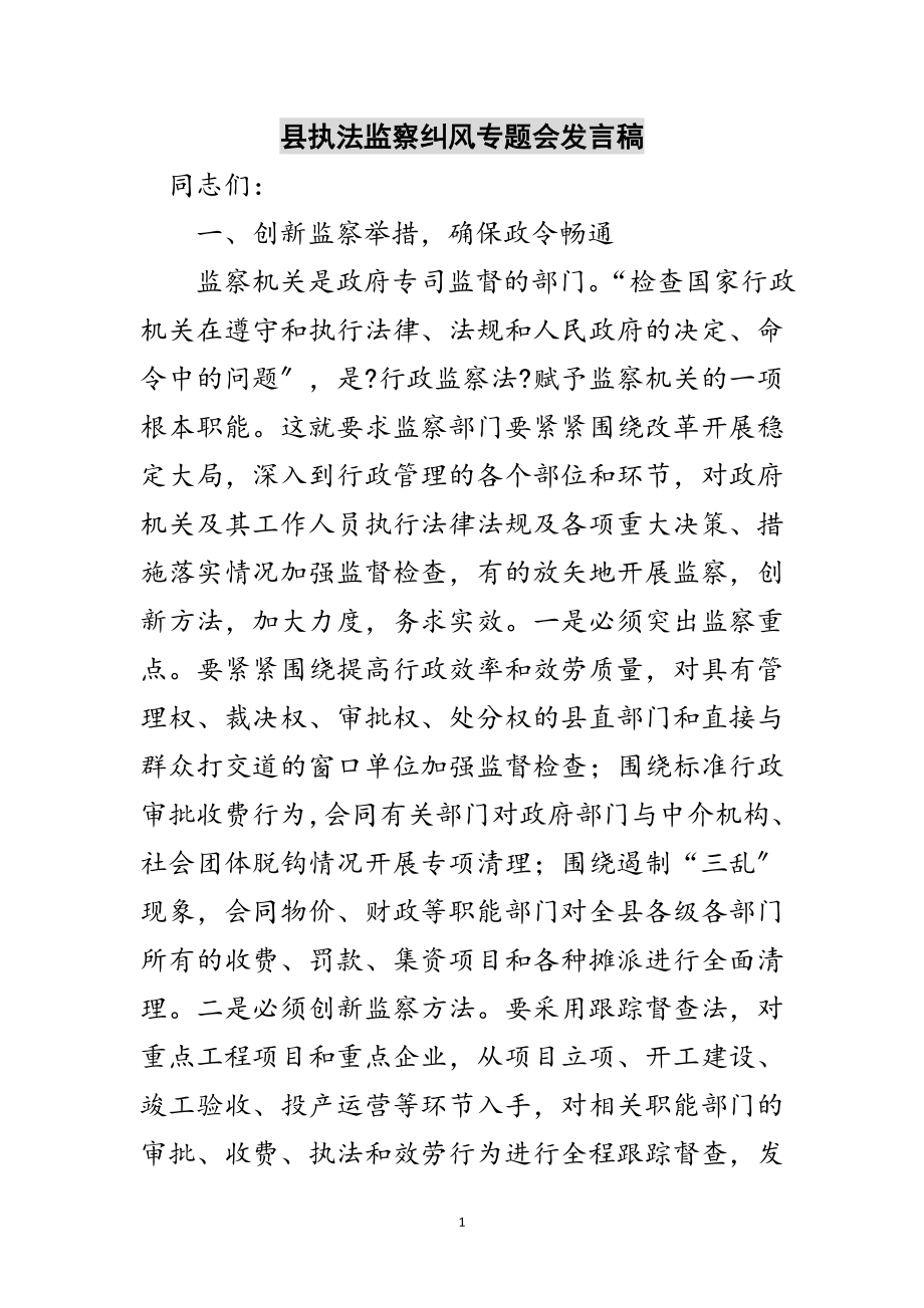 2023年县执法监察纠风专题会发言稿范文.doc_第1页