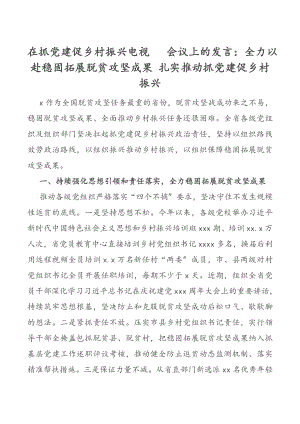 2023年在抓党建促乡村振兴电视电话会议上的发言：全力以赴巩固拓展脱贫攻坚成果 扎实推进抓党建促乡村振兴.docx