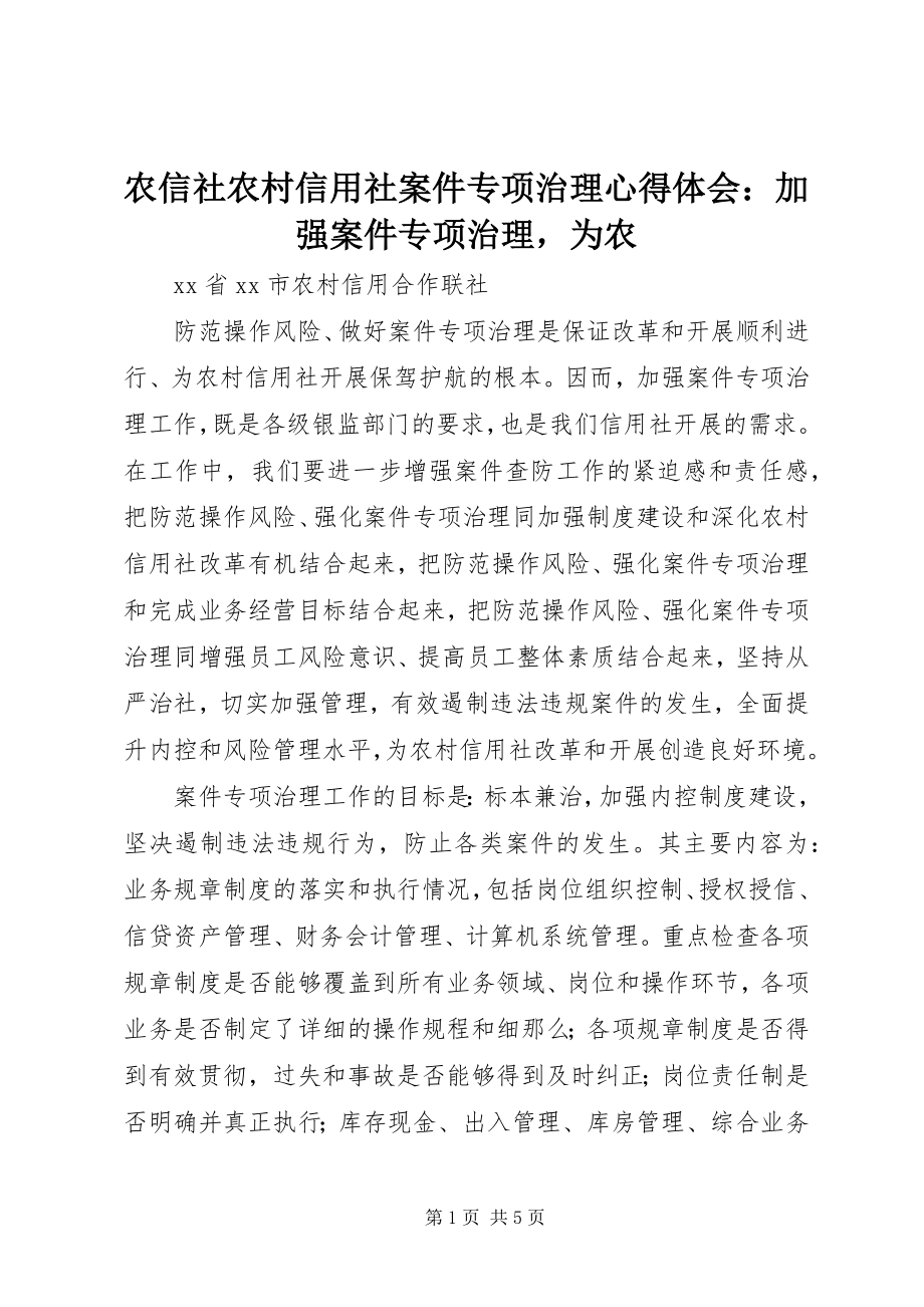 2023年农信社农村信用社案件专项治理心得体会加强案件专项治理为农.docx_第1页