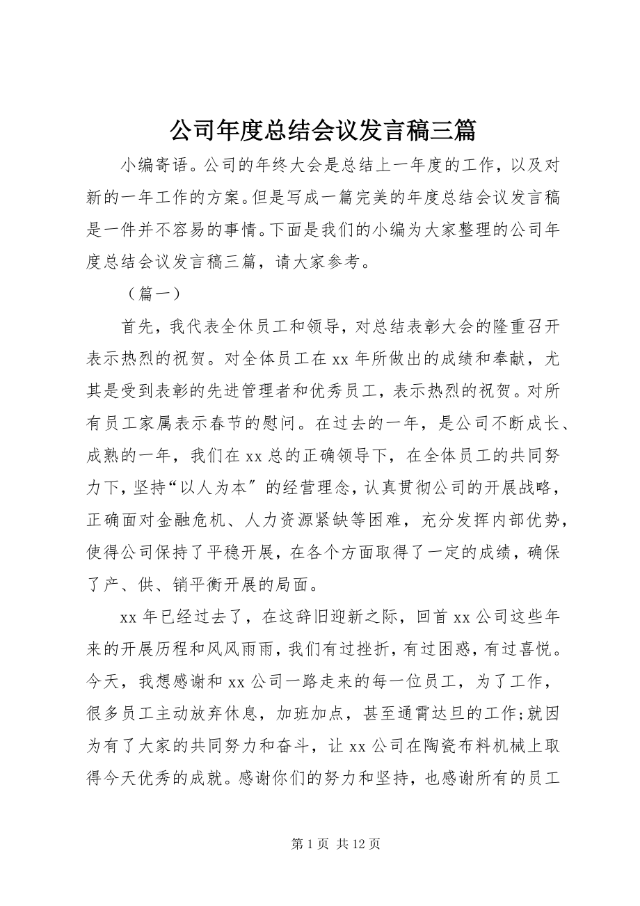 2023年公司年度总结会议讲话稿三篇.docx_第1页