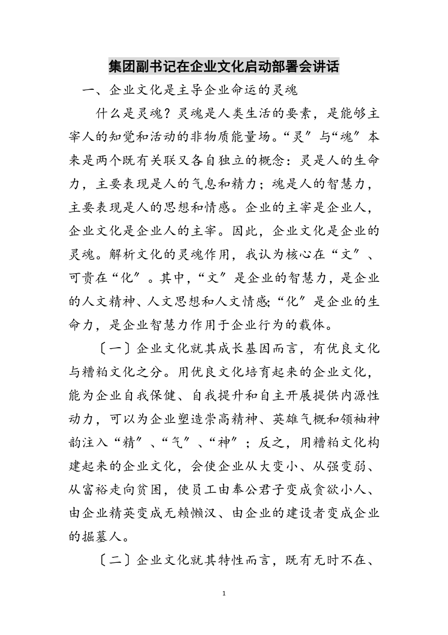 2023年集团副书记在企业文化启动部署会讲话范文.doc_第1页