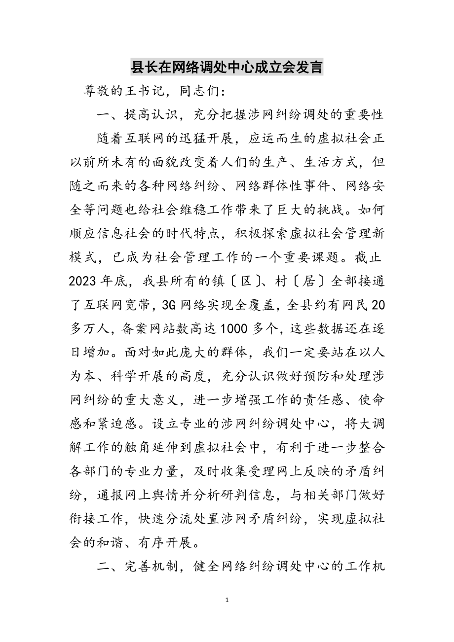 2023年县长在网络调处中心成立会发言范文.doc_第1页