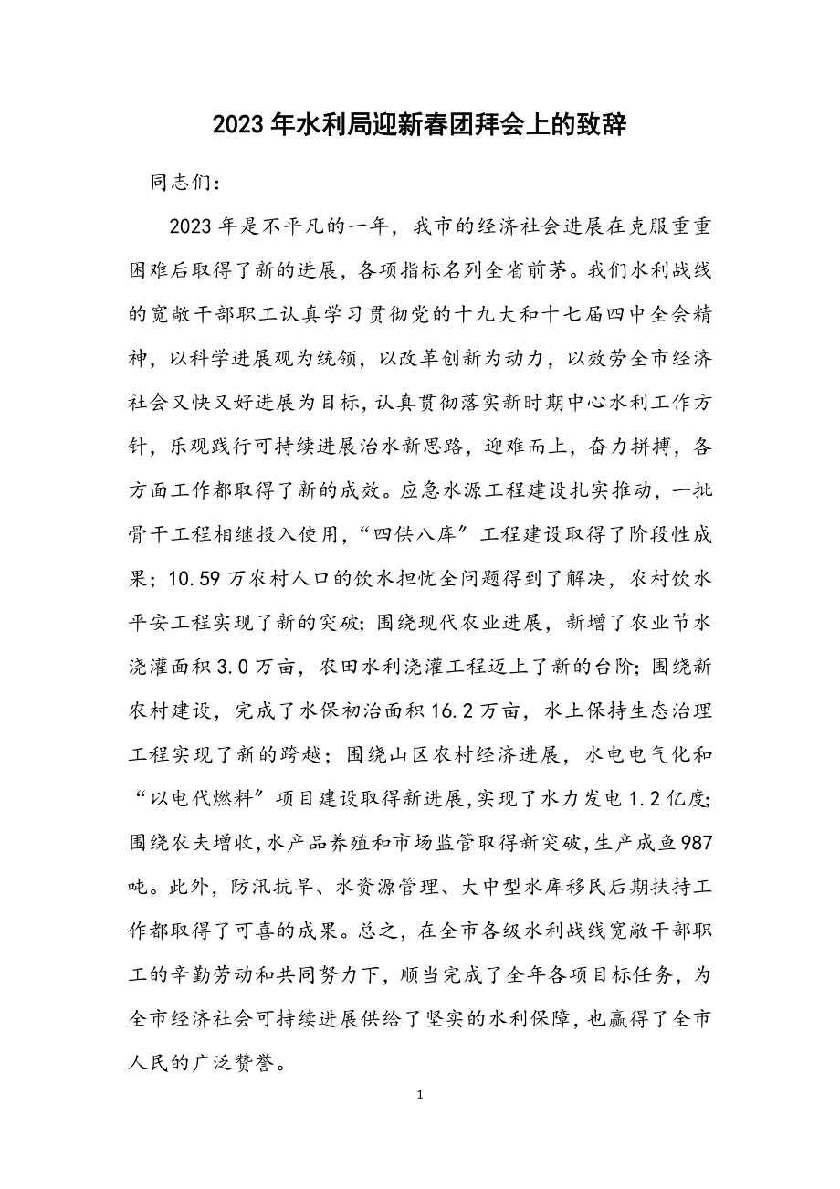 2023年水利局迎新春团拜会上的致辞.docx_第1页