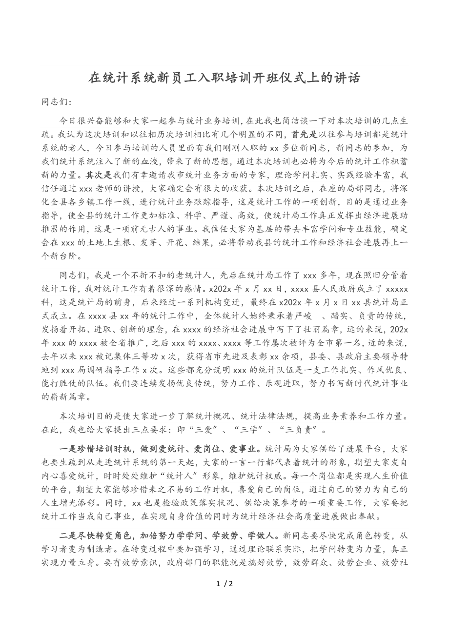 2023年在统计系统新员工入职培训开班仪式上的讲话.doc_第1页