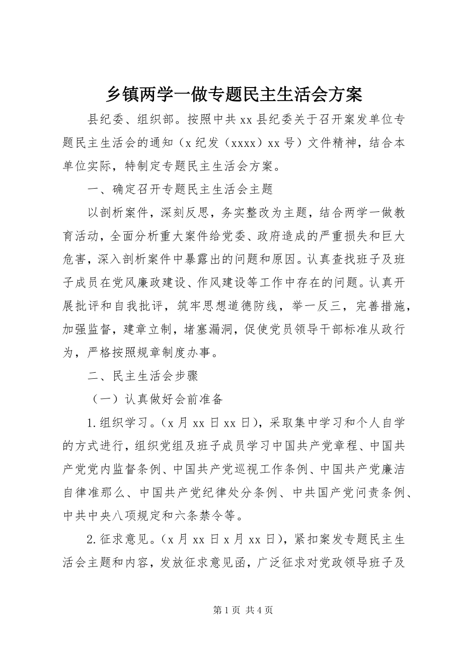 2023年乡镇两学一做专题民主生活会方案.docx_第1页