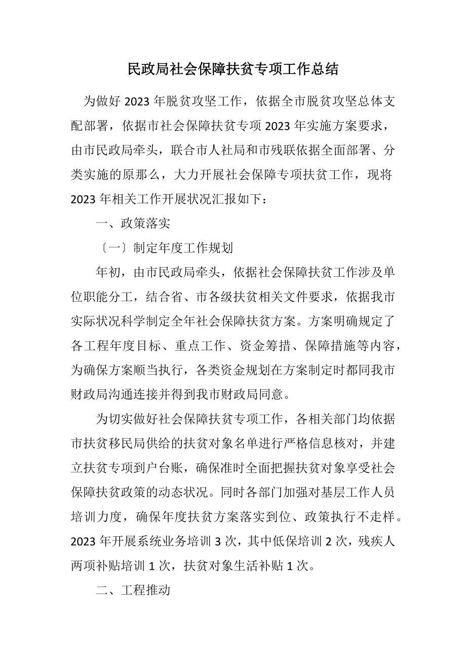 2023年民政局社会保障扶贫专项工作总结.docx_第1页