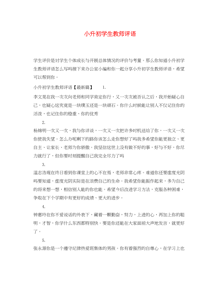 2023年小升初学生教师评语.docx_第1页