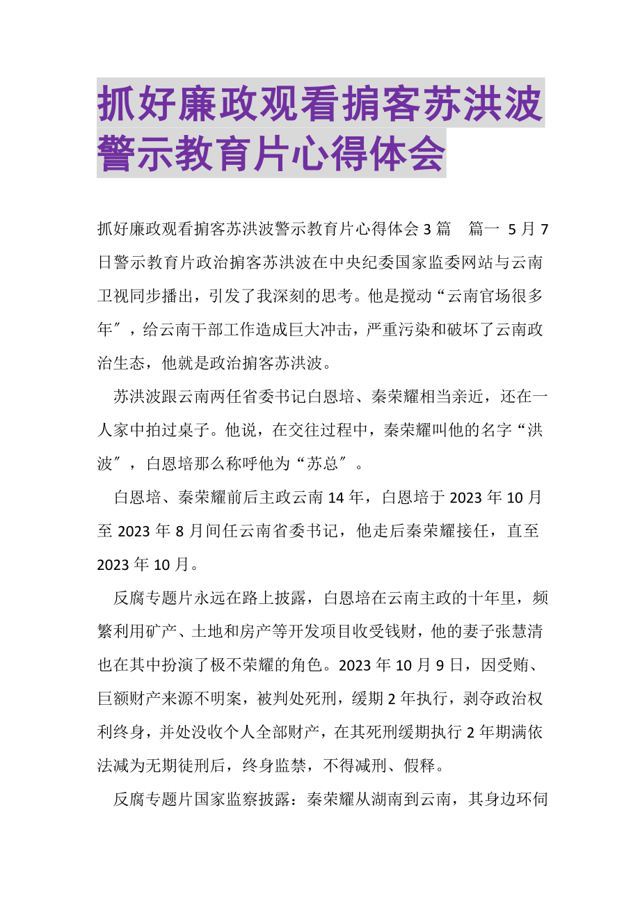 2023年抓好廉政观看掮客苏洪波警示教育片心得体会.doc_第1页