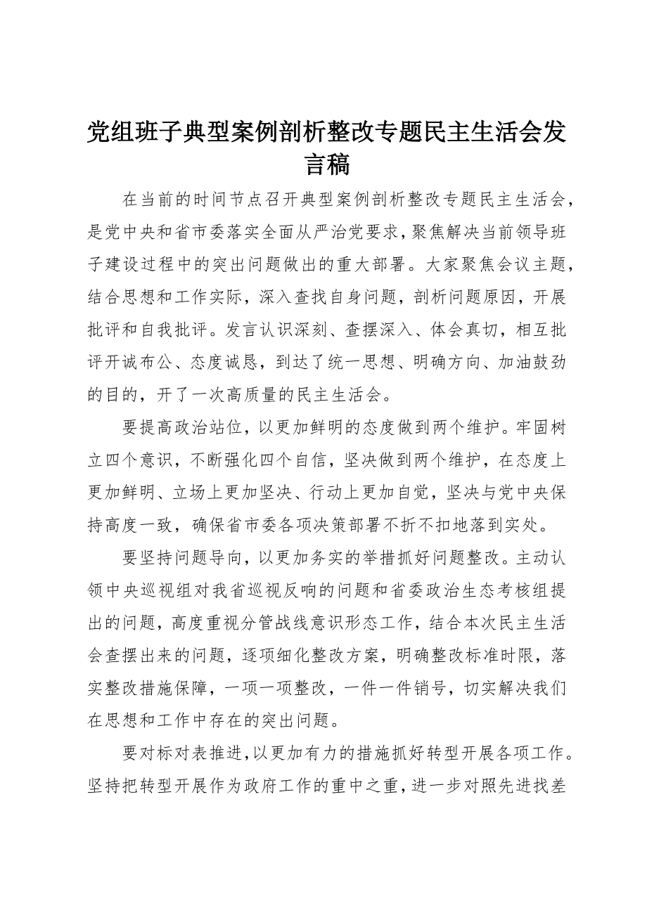 2023年党组班子典型案例剖析整改专题民主生活会讲话稿.docx_第1页