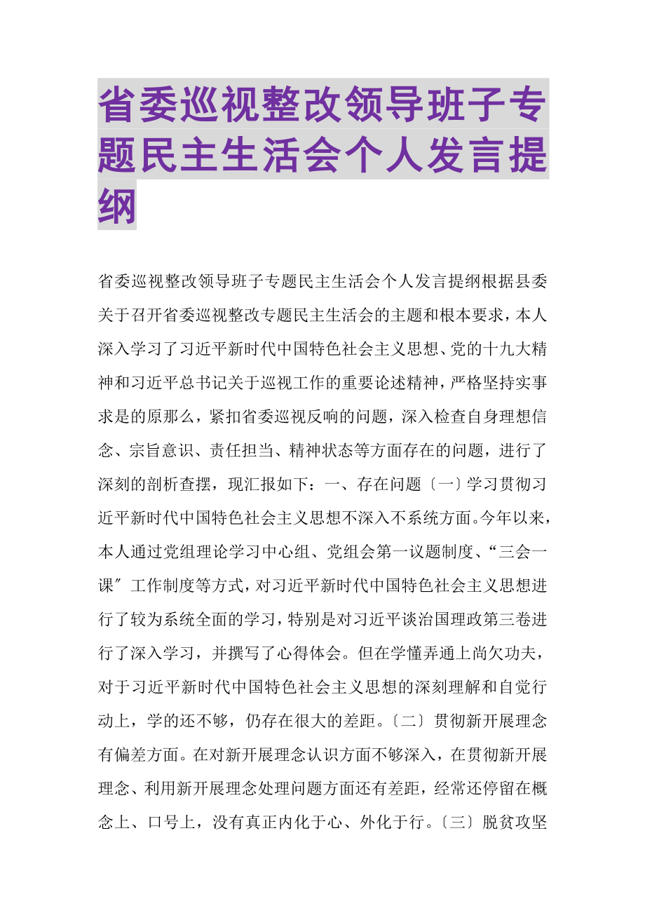 2023年省委巡视整改领导班子专题民主生活会个人发言提纲.doc_第1页