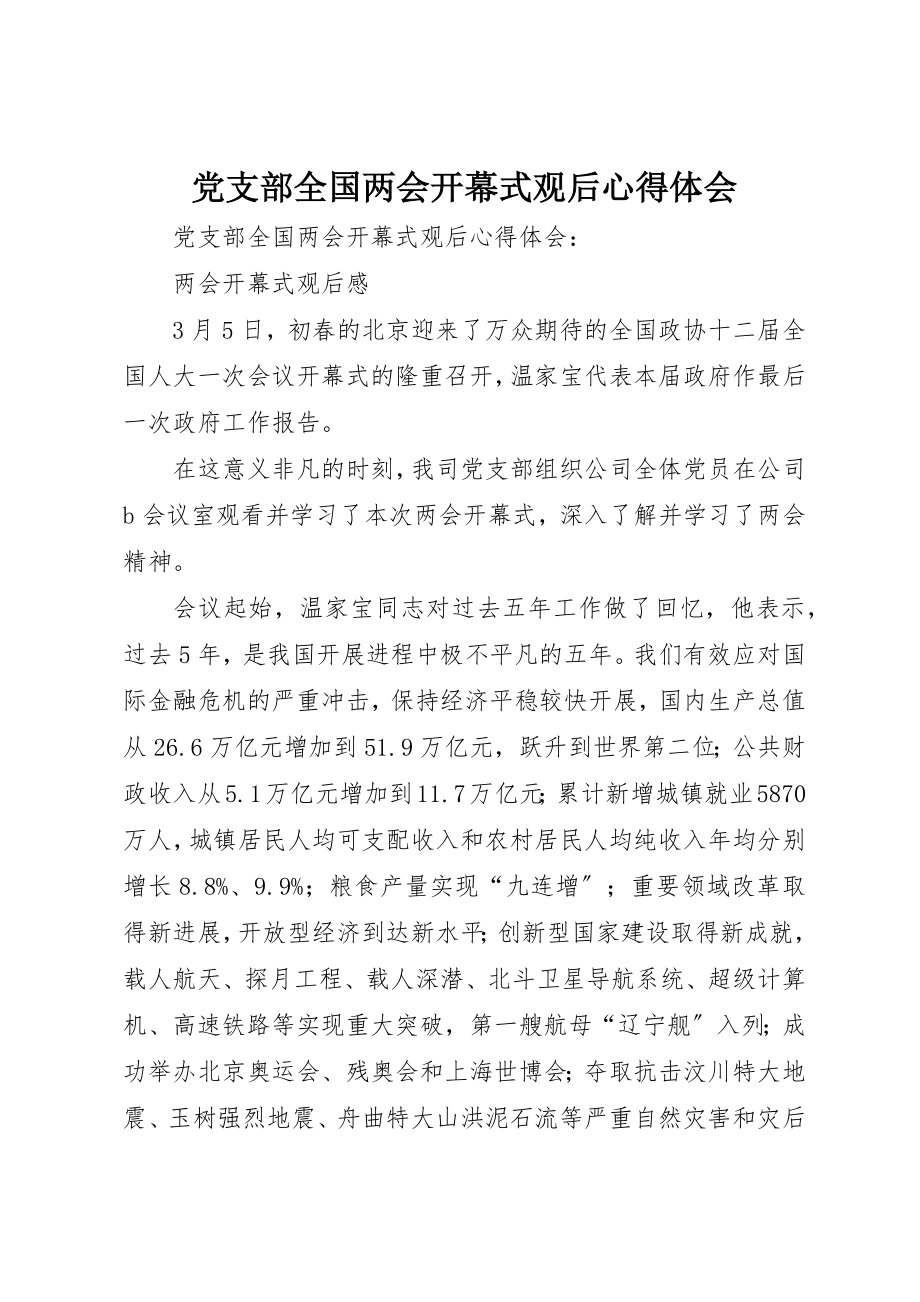 2023年党支部全国两会开幕式观后心得体会.docx_第1页