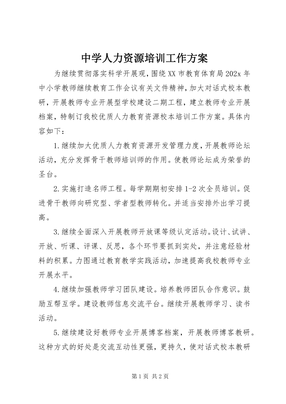 2023年中学人力资源培训工作计划.docx_第1页