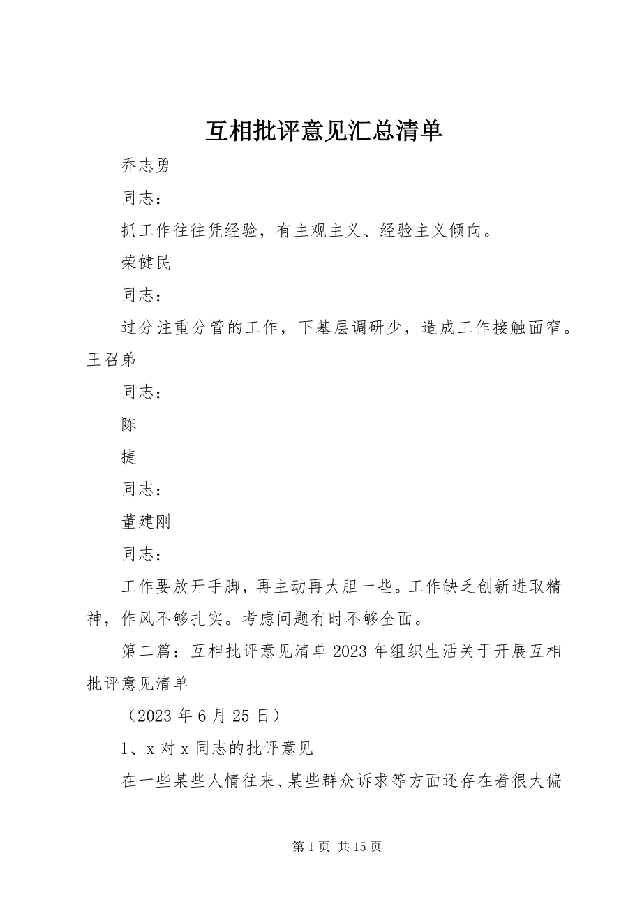 2023年互相批评意见汇总清单.docx_第1页