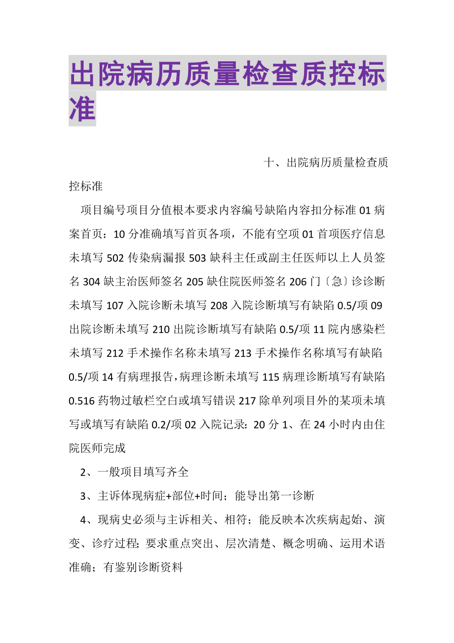 2023年出院病历质量检查质控标准.doc_第1页