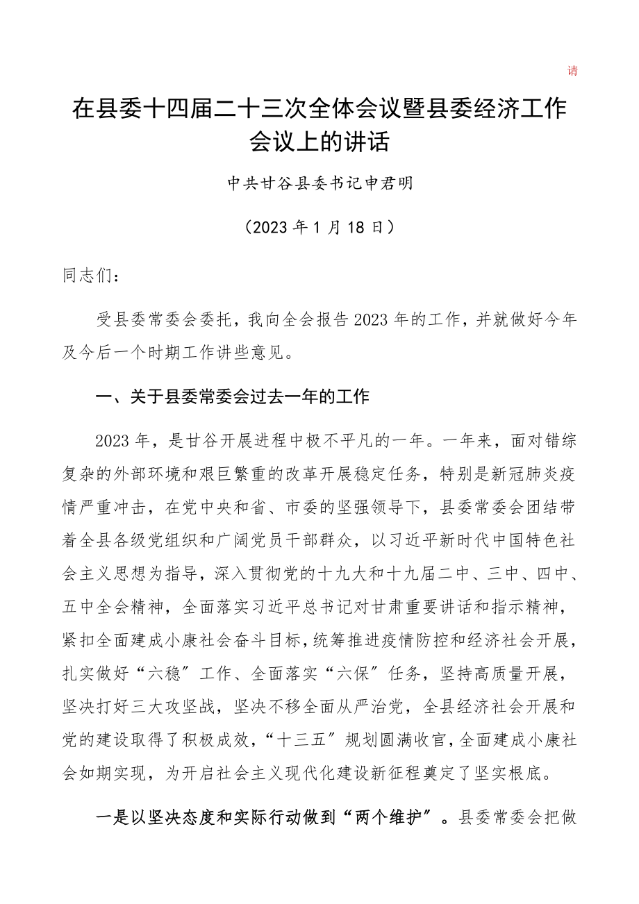 在2023年县委十四届二十三次全体会议暨县委经济工作会议上的讲话精编.docx_第1页