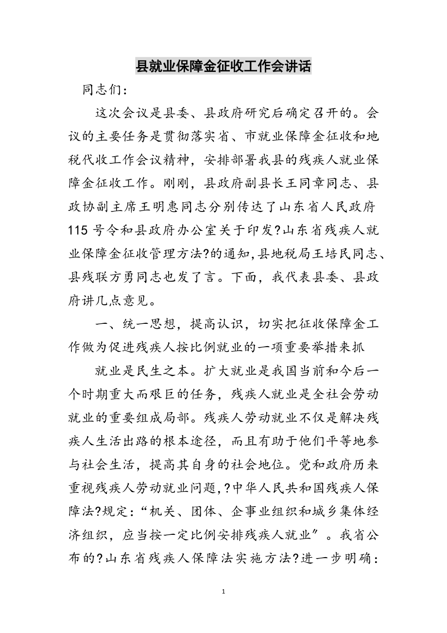 2023年县就业保障金征收工作会讲话范文.doc_第1页