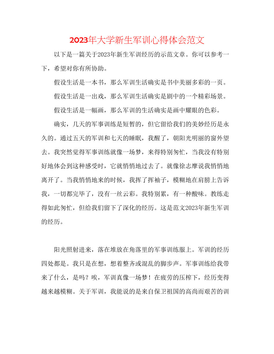 2023年大学新生军训心得体会范文.docx_第1页