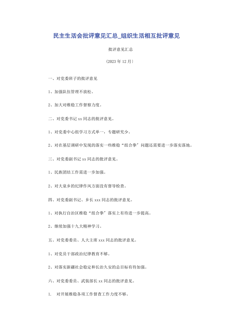 2023年民主生活会批评意见汇总组织生活相互批评意见.docx_第1页