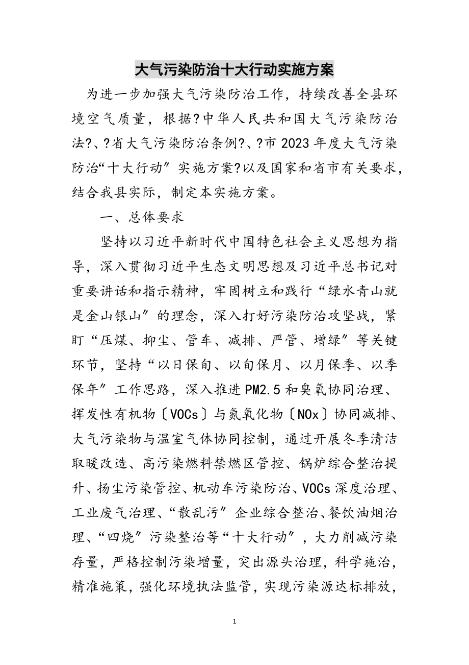 2023年大气污染防治十大行动实施方案范文.doc_第1页