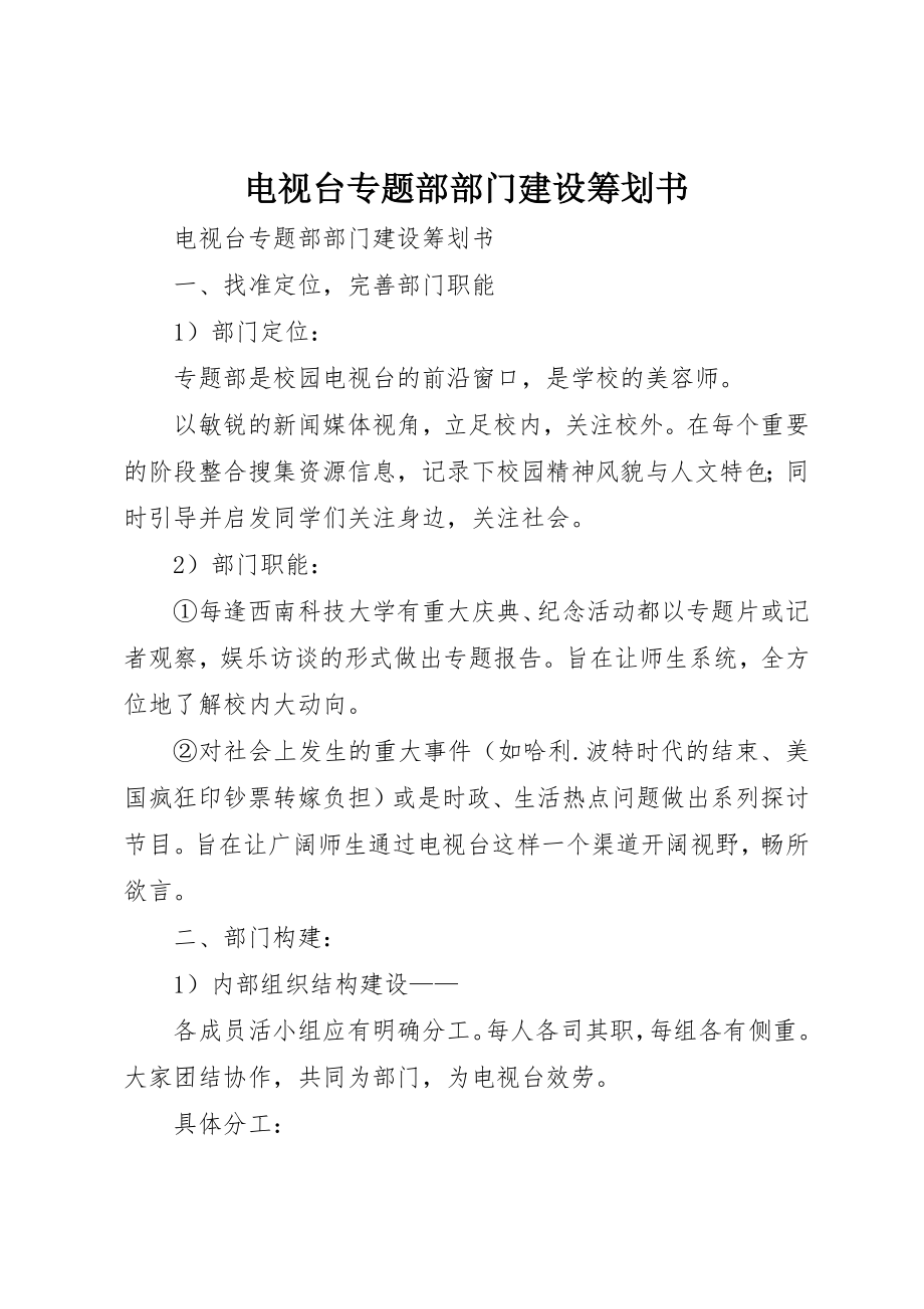 2023年电视台专题部部门建设策划书新编.docx_第1页