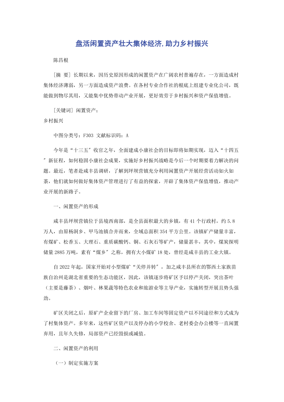 2023年盘活闲置资产壮大集体经济助力乡村振兴.docx_第1页