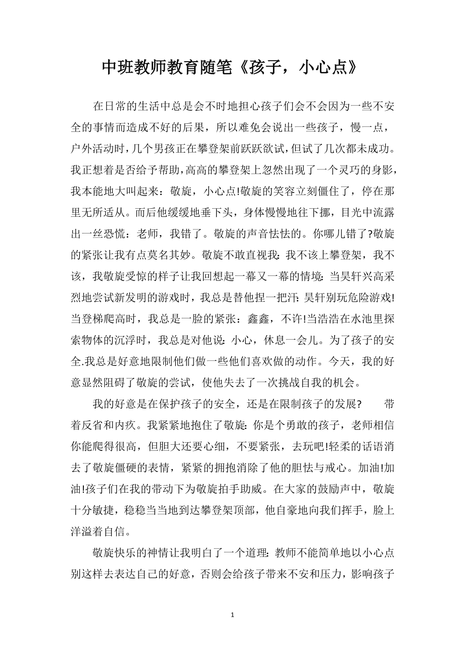 中班教师教育随笔《孩子小心点》.doc_第1页