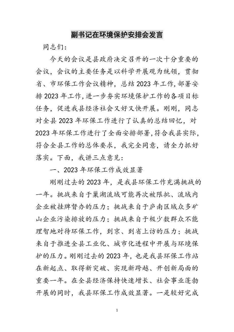 2023年副书记在环境保护安排会发言范文.doc_第1页