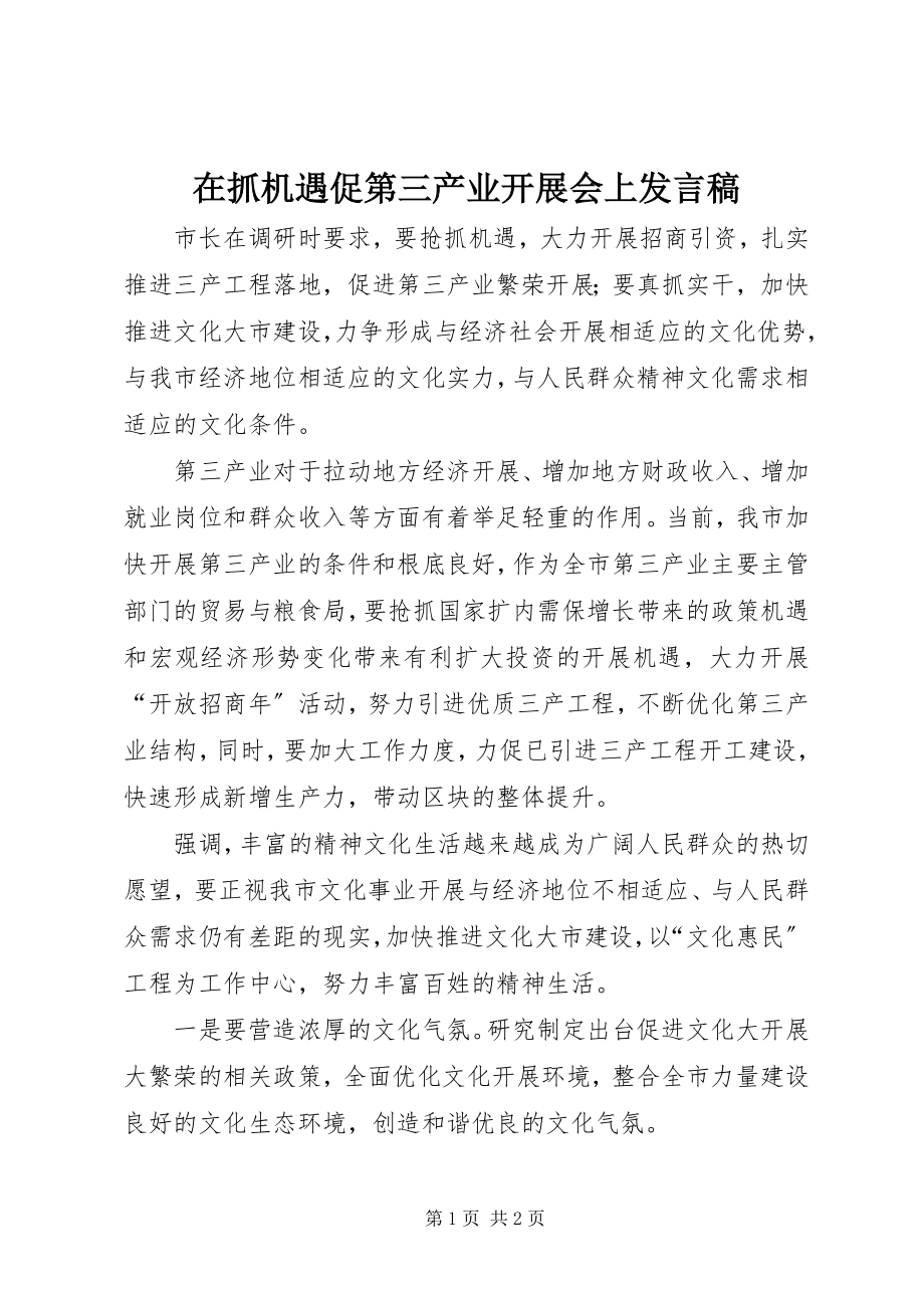 2023年在抓机遇促第三产业发展会上讲话稿.docx_第1页