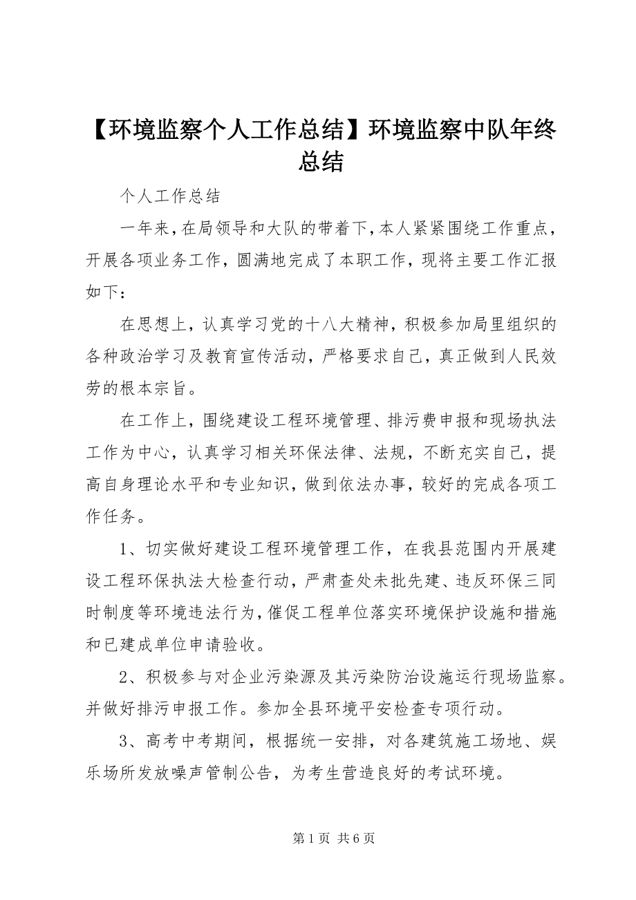 2023年环境监察个人工作总结环境监察中队年终总结新编.docx_第1页