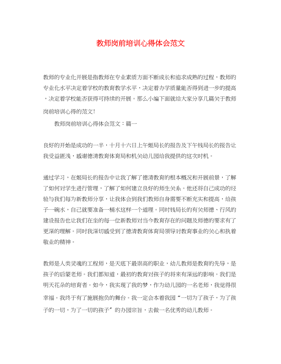 2023年教师岗前培训心得体会范文精选2.docx_第1页