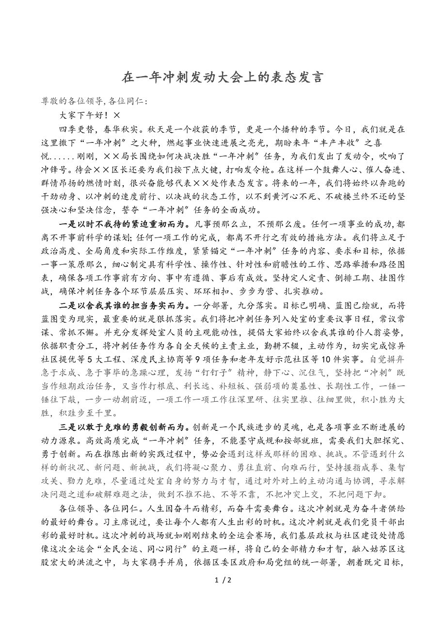 2023年在一年冲刺动员大会上的表态发言.doc_第1页