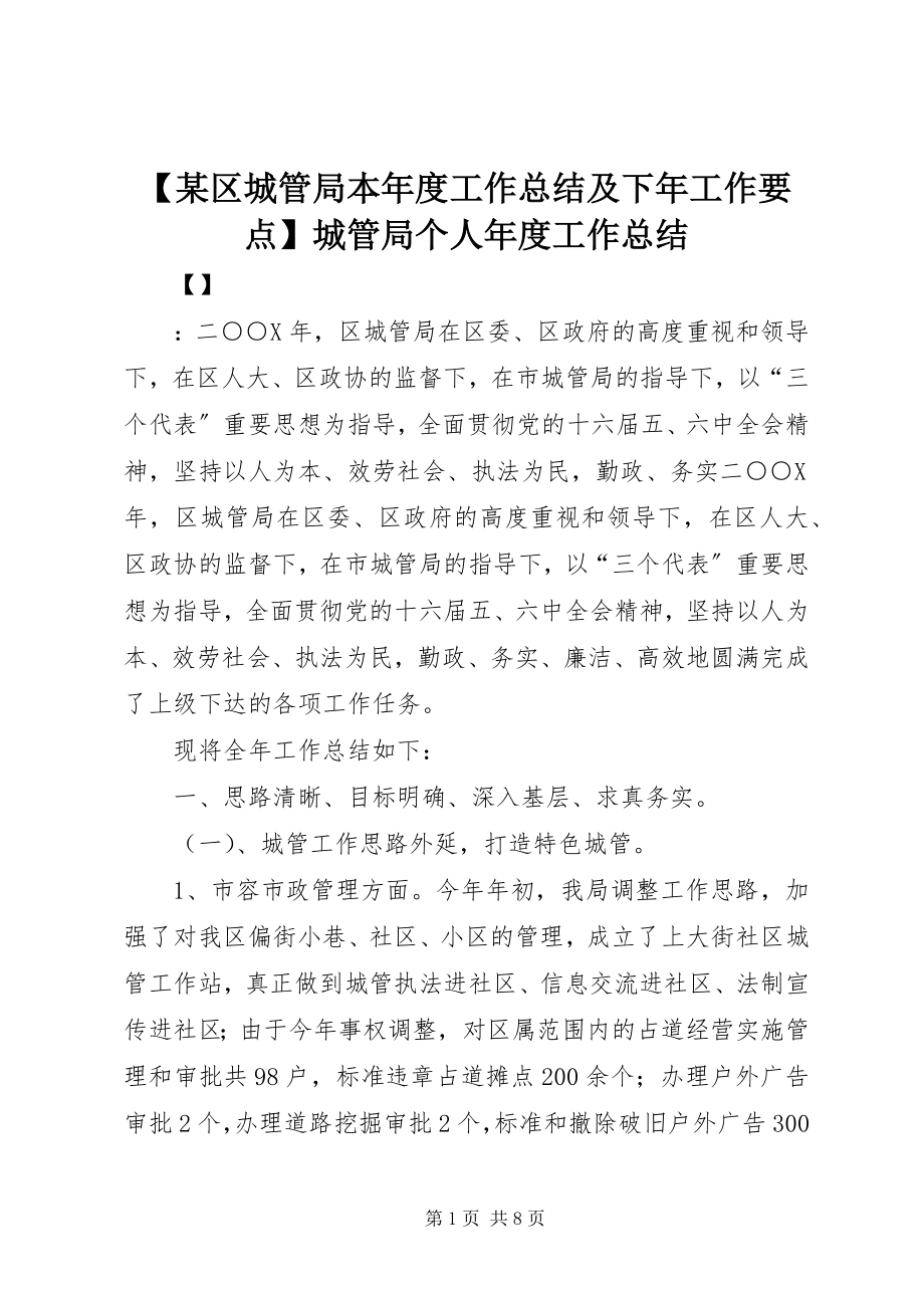 2023年某区城管局本年度工作总结及下年工作要点城管局个人年度工作总结新编.docx_第1页