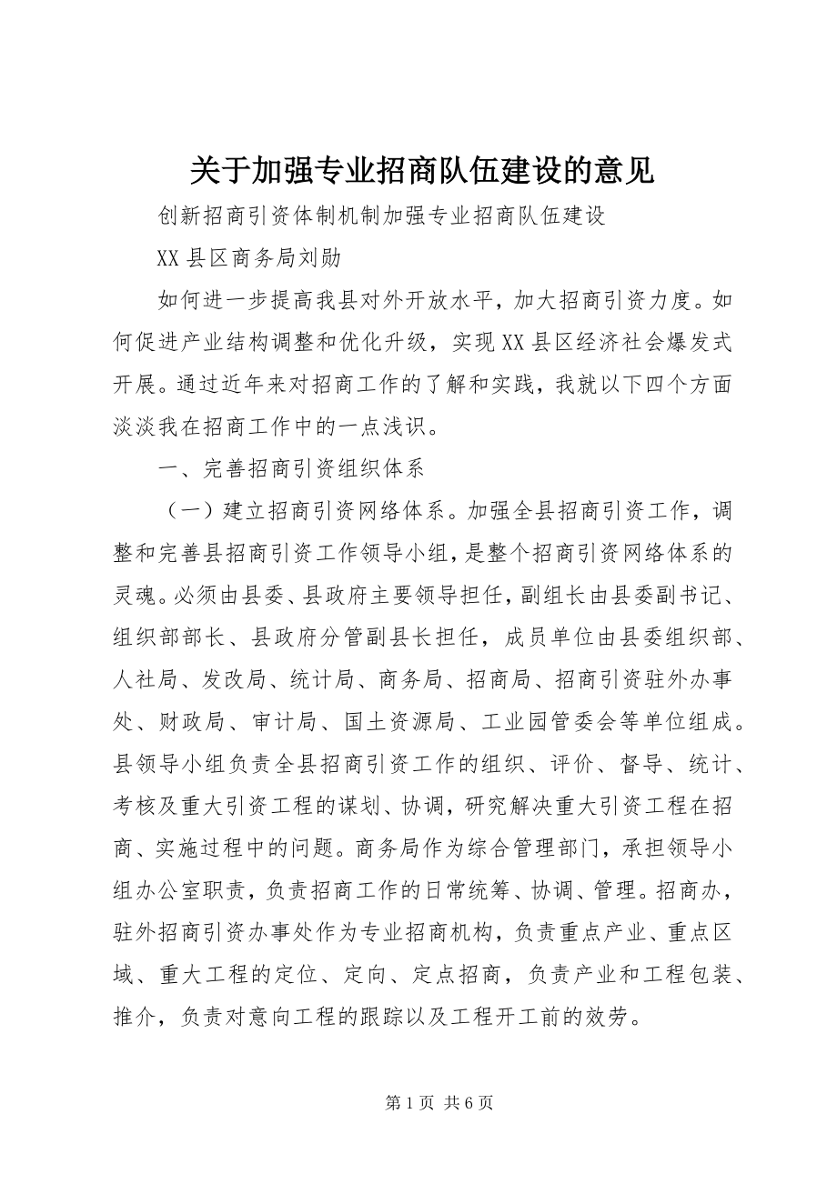 2023年加强专业招商队伍建设的意见.docx_第1页