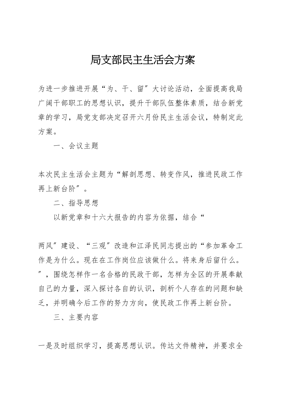 2023年局支部民主生活会方案 .doc_第1页