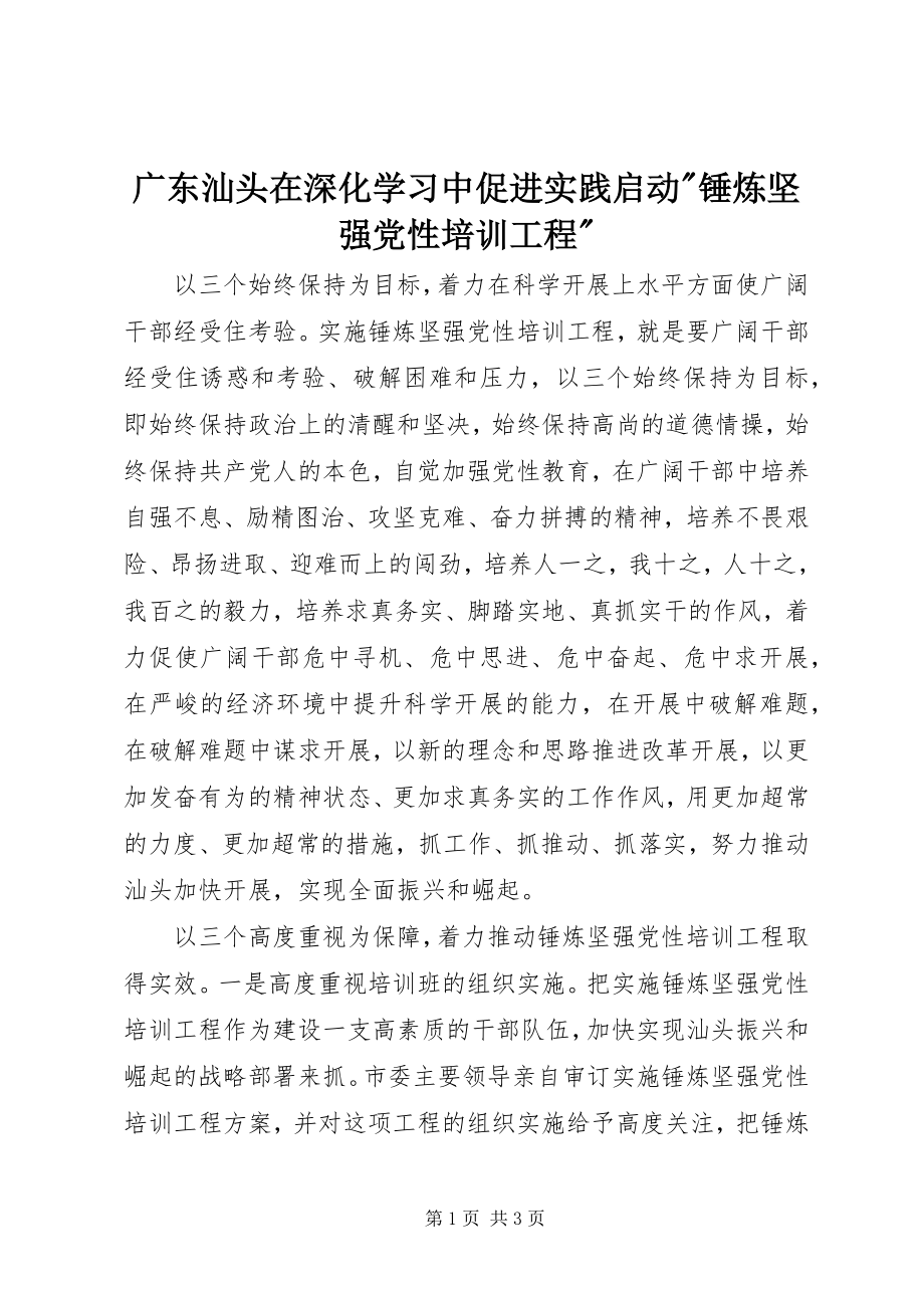 2023年汕头在深化学习中促进实践启动锤炼坚强党性培训工程.docx_第1页