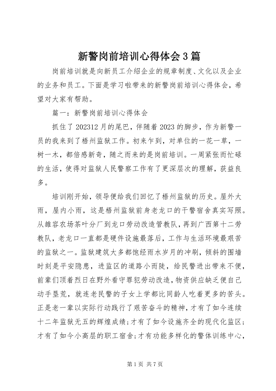 2023年新警岗前培训心得体会3篇.docx_第1页