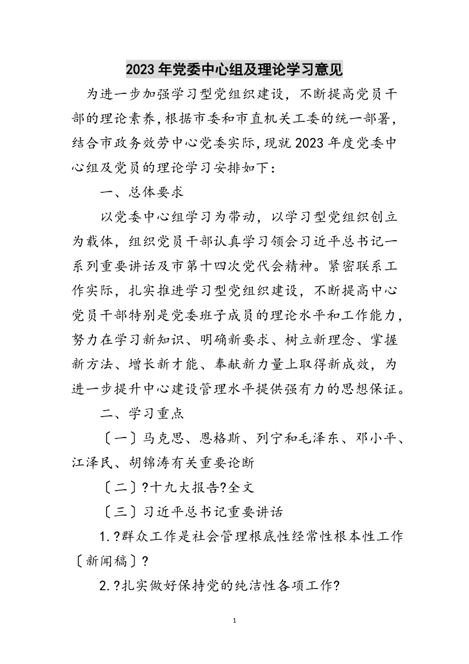 2023年年党委中心组及理论学习意见范文.doc_第1页