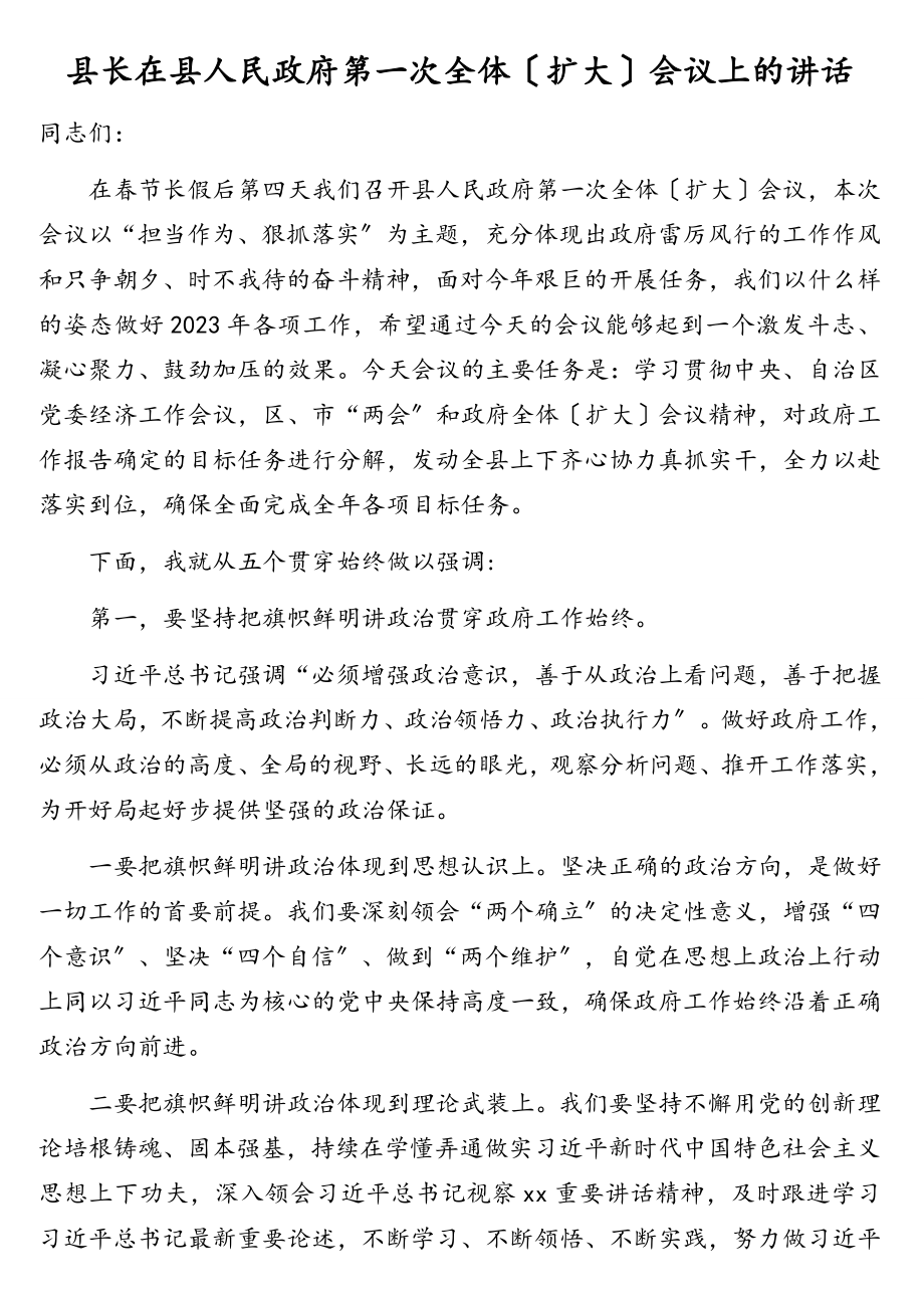 县长在县人民政府第一次全体（扩大）会议上的讲话.doc_第1页