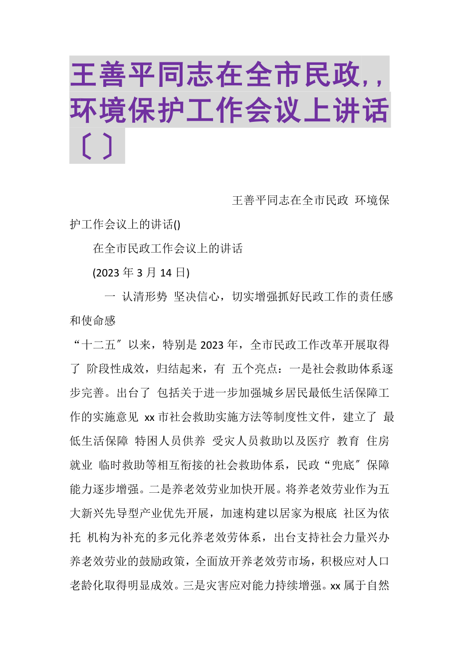 2023年王善平同志在全市民政,,环境保护工作会议上讲话摘要.doc_第1页