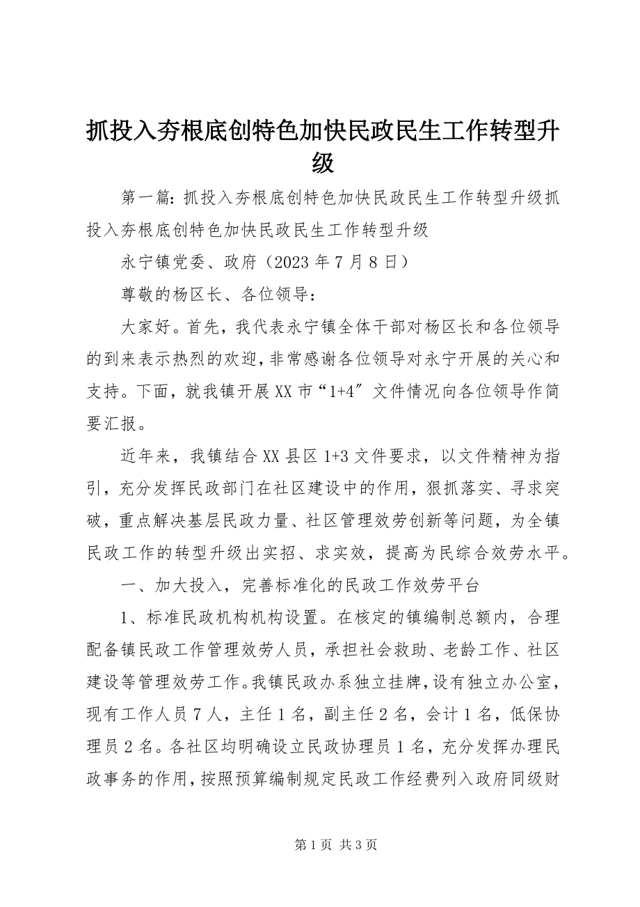 2023年抓投入夯基础创特色加快民政民生工作转型升级.docx_第1页